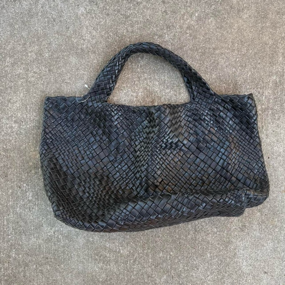 Falor Black Woven leather Tote Bag